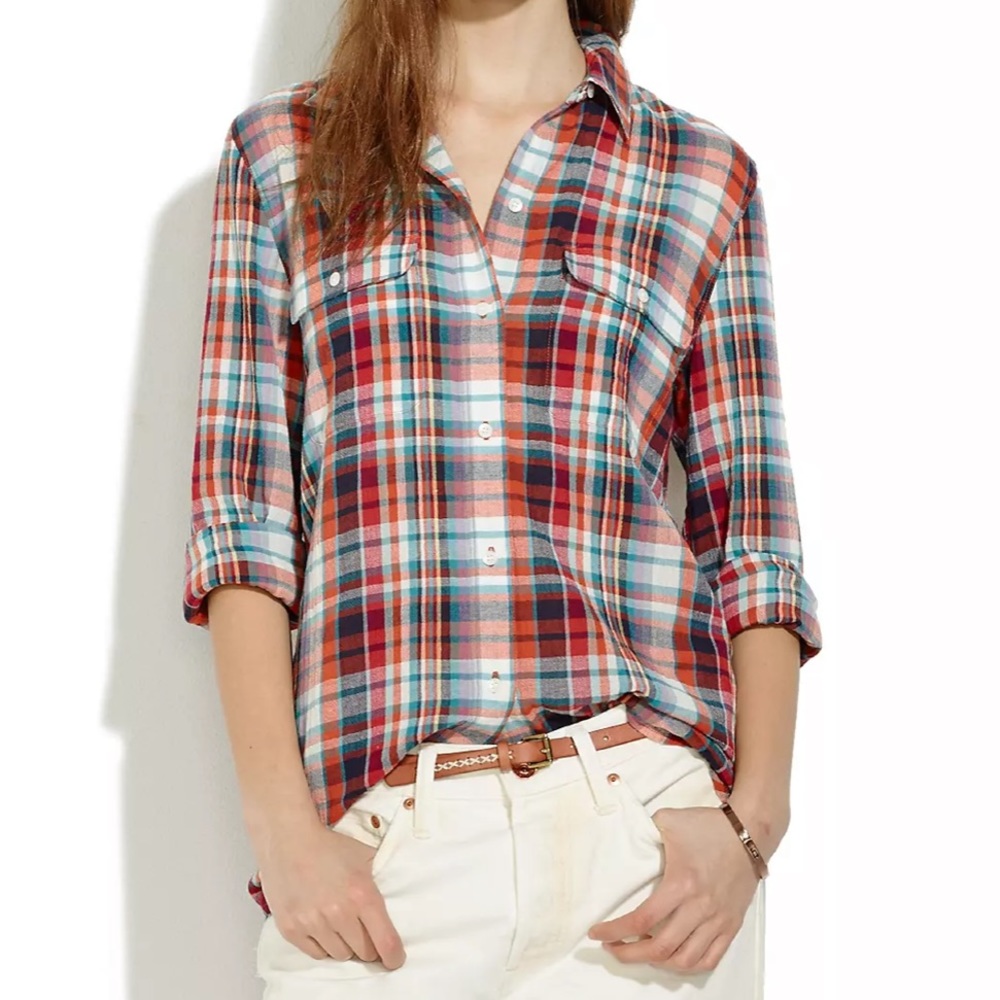 Madewell Ex-Boyfriend Plaid Oversize Button Down Shirt Orange Red Pocket Blouse